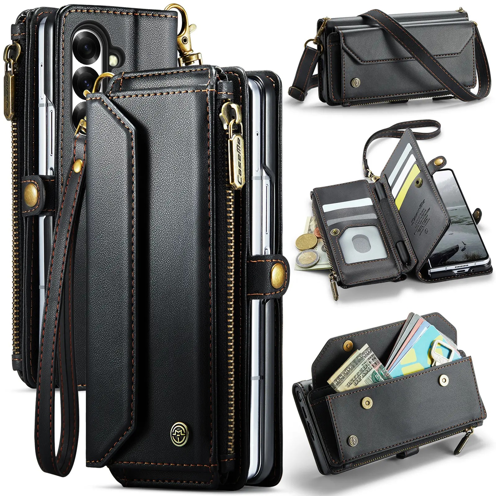 (Case & Nova.) Case Me C36 RFID Blocking PU Leather Crossbody Zipper Wallet Phone Case - Samsung Galaxy Z Fold 7/6, S26 Ultra, S25 Flip Handheld Protector with Card Slots, Magnetic Strap, Shockproof Slim Stylish Smartphone Accessory, Phone Cover Casing