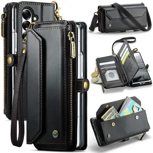 (Case & Nova.)Crossbody Zipper Wallet Phone Case for Samsung Galaxy Z Fold 7/6/5/4/3, RFID Blocking PU Leather Flip Protective Cover with Card Slots