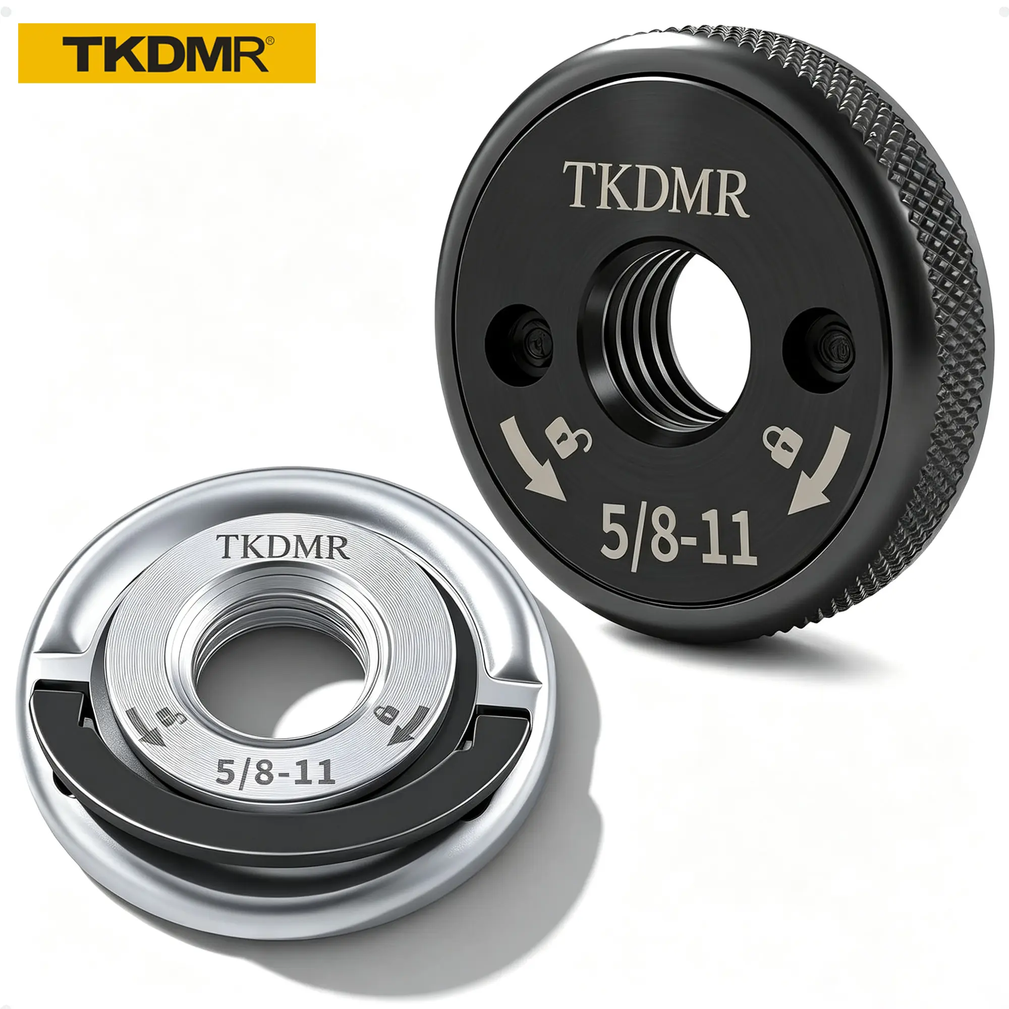 TKDMR 2-Piece 5/8"-11 Thread Self-Locking Angle Grinder Nut, 1-5/8" OD Hardware Fastener with Hand Tighten Function, Inner Diameter Specs, Height Details, Quick Release Tool for Fast Tool Changes
