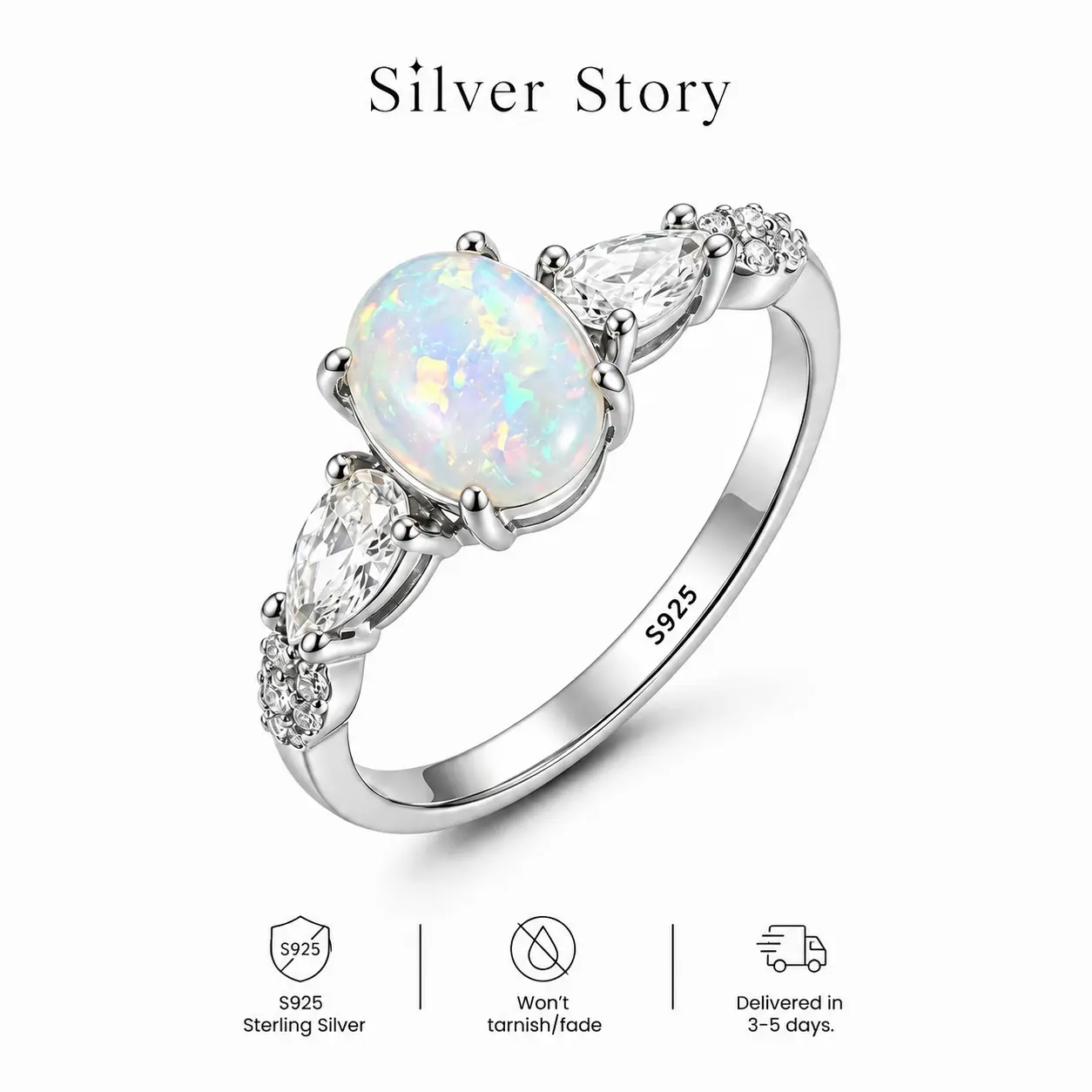 S925 Oval-Cut Synthetic Opal Ring with Cubic Zirconia Accent Design, Sterling Silver Opalite Ring for Women Girls, Luxury Elegant Style,Perfect Jewelry Gift for Her Girlfriend Mom,Engagement Wedding Ring for Daily Wearing Birthday Party