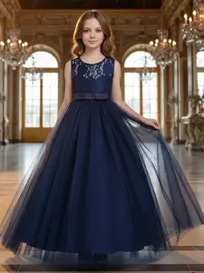 Girl's Elegant Belted Tulle Overlay Dress, Exquisite Trendy A-line Dress for Party Wedding Guest, Kids Clothes for All Seasons