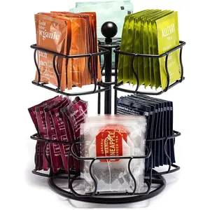 Tea Bag Spinning Carousel - Tea Caddy Organizer for Countertop - Matcha Station Accessories - 2 Tier Revolving Storage for Pantry - Holds Up to 60 Large Tea Bags