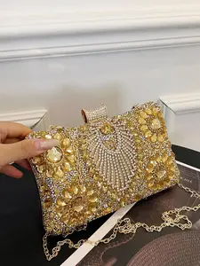 Women's Elegant Rhinestone Decorated Evening Bag, Exquisite Trendy Chain Strap Clutch Bag, Fashionable Bag for Party Decoration