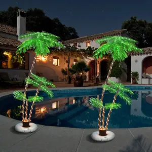 2024 6ft Solar Lighted Palm Trees for Outside Patio, Bar Pool Deck Outdoor Decorations Decor, Light Up LED Artificial Fake Tree Lights with 3 Trunks for Yard Tropical Party Christmas