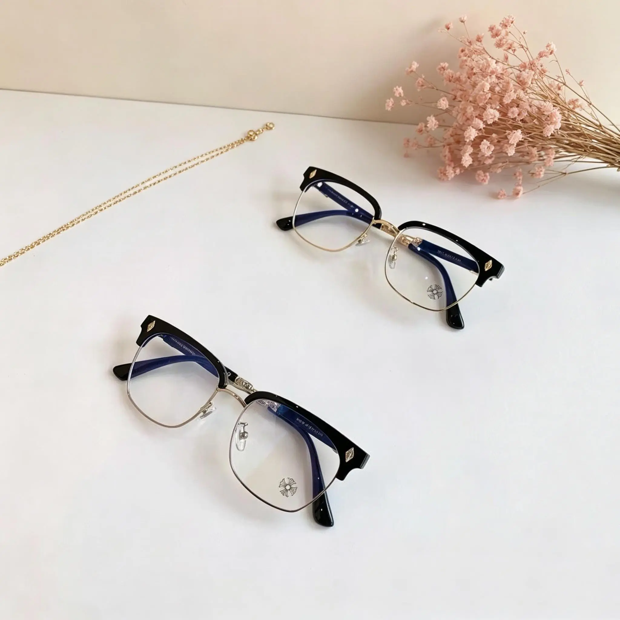 Unisex High-End Chrome Hearts Square Eyeglass Frames, Gothic Black Gold Eyeglass Frames, Retro Half Rim Glasses, Ornate Metal Temple Optical Frames, Unisex Statement Eyewear Gift