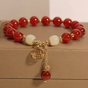 Elegant Women Red Agate Beaded Bracelet with Golden-Tone Chinese FU Pendant Chain Bohemian Red Bead Bracelet Family Friends Besties Gift