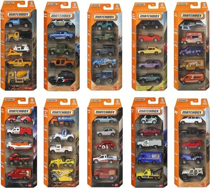 Matchbox Basic 1:64 Scale Assorted Cars 5-Pack, 12-Piece J Assortment Collectible Toy Cars, Ships in Own Container