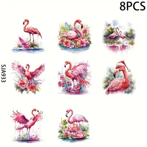 8pcs Flamingo Retro Tropical UV Transfer Printing Self-adhesive Stickers for Water Bottle Cup, DTF Transfer Vinyl Sticker for 16oz Libbey Glass Package, 3d Crystal Label And Scratch Resistant, DIY Wrap Transfer Sticker Glass Cup Sticker Bottle Sticker