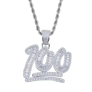 Silver 100 Charm Pendant Necklace for Men Women, Iced Out CZ Number Pendant Chain, Rap Hip Hop Bling Fashion Statement Jewelry for Daily Wear Gift