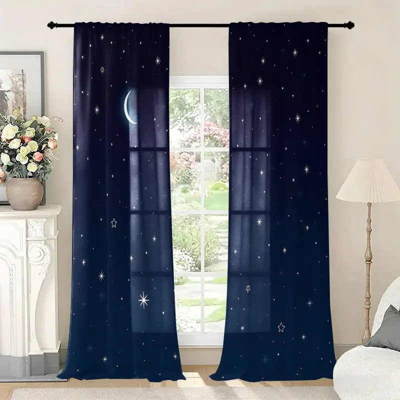2 Pieces Dark Blue Star Moon Pattern Curtains, Window Curtain, Window Drapes, Home Decoration Curtain, Pocket Rod Installation, Dreamy Starry Sky Design, Ideal for Bedroom, Living Room, Home Decor