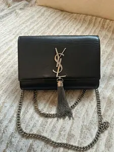 Pre-owned Yves Saint Laurent YSL Kate Black Leather Silver Chain Bag 2016 Series Adjustable Strap & tassel Signature Logo