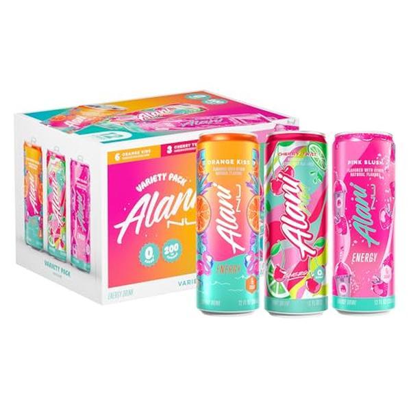 Alani Nu VARIETY PACK CHERRY TWIST, PINK SLUSH, ORANGE KISS Sugar Free, Low Calorie Drinks, 200mg Caffeine, Biotin B Vitamins, Zero Sugar, 10 Calories, 12 Fl Oz Cans, 12 Pack