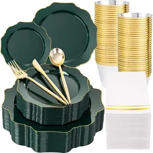 175-Piece Green Plastic Dinnerware Set - Green Plates with Gold Trim - Christmas Plastic Dinnerware - Stylish Disposable Tableware Set (Serves 25) Ideal for Christmas/Parties/Weddings