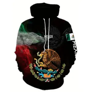Men’s Patriotic 3D Printed Aztec & Mexican Flag Hoodie — Comfortable Polyester–Spandex Blend, Long Sleeve Pullover with Drawstring Hood and Kangaroo Pocket, Machine Washable — Casual Black Sweatshirt for Men