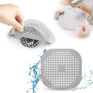 1 Count Drain Hair Catcher Silicone Drain Protector Hair Stopper with Suction Cup 5.5" Flat Square Hair Filter for Shower Kitchen Bathroom