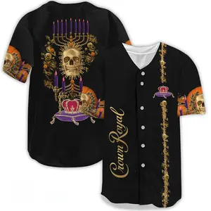 Crown Ro.yal Baseball Jersey – Gothic Style Button-Up Shirt with Skull, Candle, and Crown Design, Perfect for Halloween, Parties, and Casual Wear