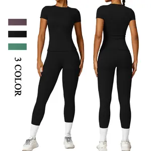 Women's Sporty Casual Two-Piece Set - Seamless Daily Wear, Ribbed Short Sleeve Elastic Leggings, Gym Wear, Home Gym Activewear