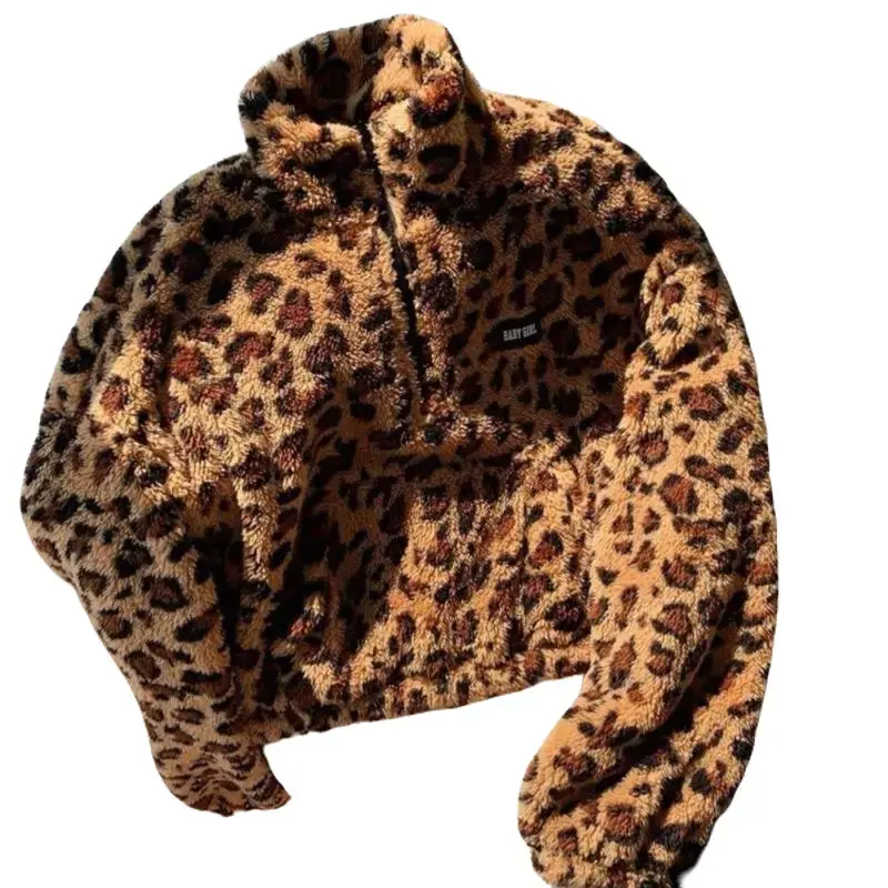 Women's Leopard Animal Print Long-Sleeves Fleece Jacket - Chic Zip-Up Top with Pockets, Casual Fall Winter Coats Outerwear, Longsleeves, Leopard Print, Full Sleeves, Adjustable, Zip-Up Front