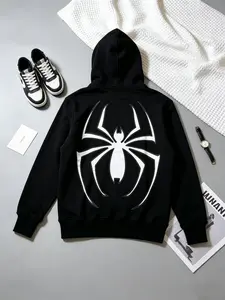 Y2K Spider Graphic Zip Hoodie coat | Y2K Streetwear jacket | Gothic Letter Print | Oversized Fit | 2 Color Options | Trendy Street Style Sweatshirt | Men's Hooded Sweatshirt | Casual Fitted, Fall & Winter, Graphic Hoodie Pullover Long Sleeve Menswear