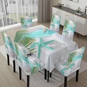 5/7-piece 2D Flat Printing Blue White Green Starfish Shells Printing Pattern Tablecloth and Chair Cover Set, for dining table and chair decoration, perfect for home, holiday gatherings, restaurants, and parties.