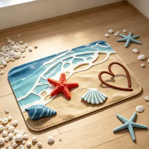 Beach Bathroom Rug 20x32 Inch, 3D Textured Coastal Ocean Wave Scalloped Bath Mat with Starfish Shell Decor, Soft Microfiber Absorbent Non-Slip Washable Bath Rug for Bathroom, Kitchen, Entryway