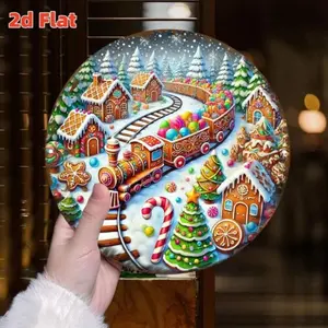 1PC 2D Plane Gingerbread Train & House Christmas Metal Wall Decoration 19.81cm Round, Bright Candy Train with Gingerbread House, Lollipop, Candy Cane, Waterproof Dustproof Indoor/Outdoor Holiday Decor for Home, Coffee Shop