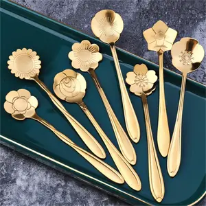 Luxury Flower-Shaped Carved Coffee Spoon, 8 Counts Set Stainless Steel Dessert Spoons, Tea Spoons, Household Ice Cream Honey Spoons For Kitchen Dining Room Canteen, Summer Gift
