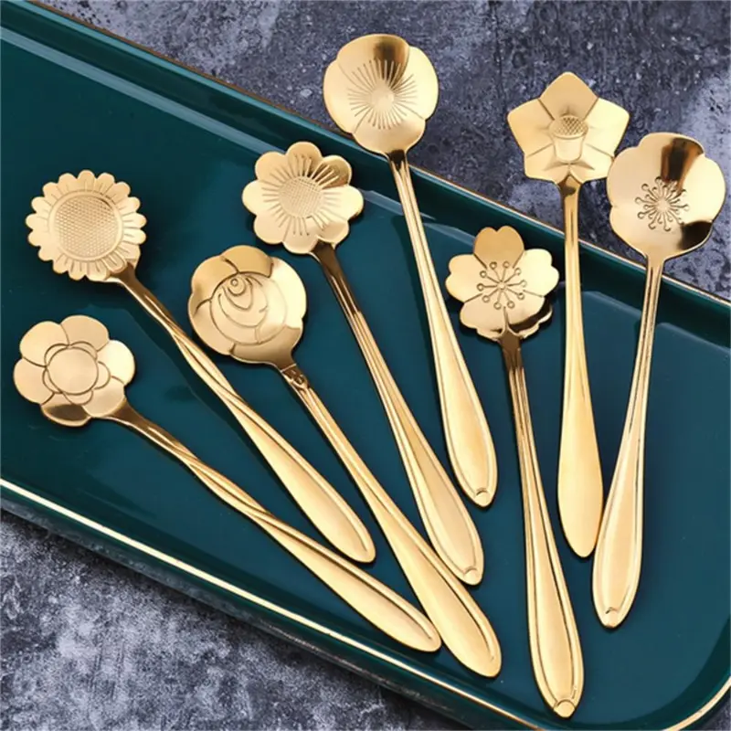 Luxury Flower-Shaped Carved Coffee Spoon, 8 Counts Set Stainless Steel Dessert Spoons, Tea Spoons, Household Ice Cream Honey Spoons, Tableware For Kitchen Dining Room Canteen, Summer Gift