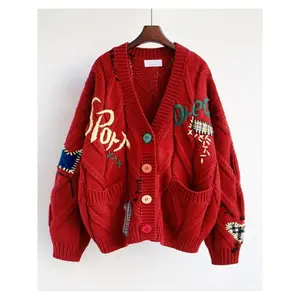 Women’s knitted long-sleeve cardigan, fashionable V-neck embroidered sweater, casual and loose winter essential, thick fabric