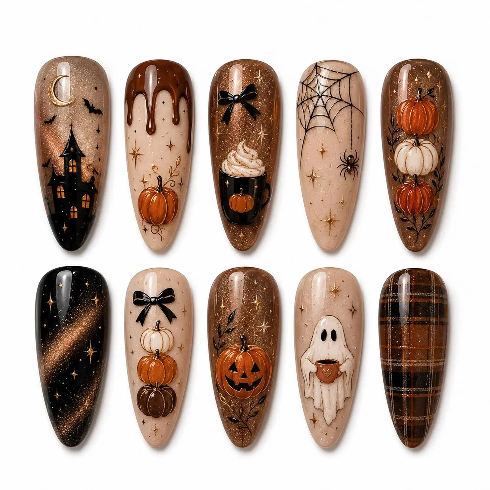 Cozy Pumpkin Brew Halloween Press-On Nails Set - Haunted House, Ghost Latte, Plaid Autumn, Spider Web Designs for Beauty & Nail Care