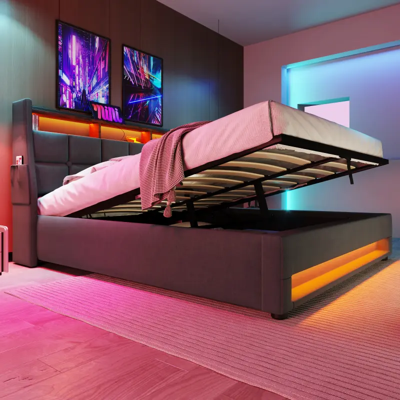 Linen Upholstered Full Size Platform Bed with LED Lights, USB Charging, Hydraulic Storage System, Reinforced Slats Support, No Box Spring Needed (117.04 lbs, 20-24 in, 8-11.9 in, 82.2"l x 56.2"w x 45.7"h, 85.80x56.20x45.70 in, Mattress Not Included)