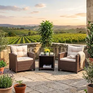 3 Pieces PE Rattan Outdoor Conversation Set Soft Cushioned Patio Chair Square Coffee Table Weather Resistant Wicker Leisure Furniture For Garden Balcony Backyard Porch Home Decor