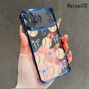 Ribbon and Baseball Phone Case Full Camera Lens Protection Shockproof Cover for iPhone 11-17 Pro Max and Samsung Galaxy S22-S26 Electroplating Cases