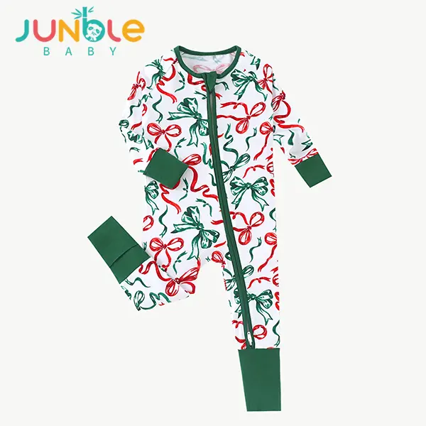 JUNBLEBABY Unisex Green Bow Print Baby Bamboo Romper - 2-Way Zipper Pajamas with Convertible Footies, Soft Breathable Sleepwear for 6-24 Months, Long Sleeve, Toddler-Friendly Unisex Bodysuits & One-Pieces