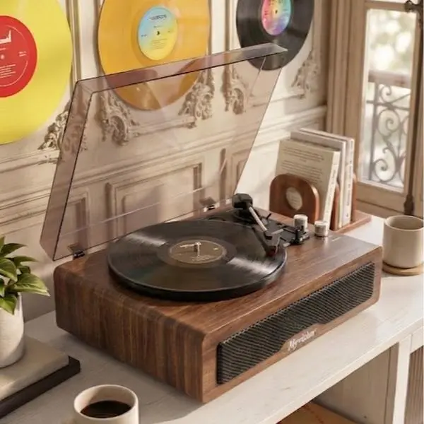 Myvision Vintage Wood Rechargeable Mini Turntable Portable Vinyl LP Record Player - 3 Playback Speeds (33-1/3,45,78 RPM), Wireless Bluetooth, Stereo Speakers, RCA Line Out, AUX In, Headphone Jack, 7/10/12-Inch Compatibility, Vintage Home Audio Accessory