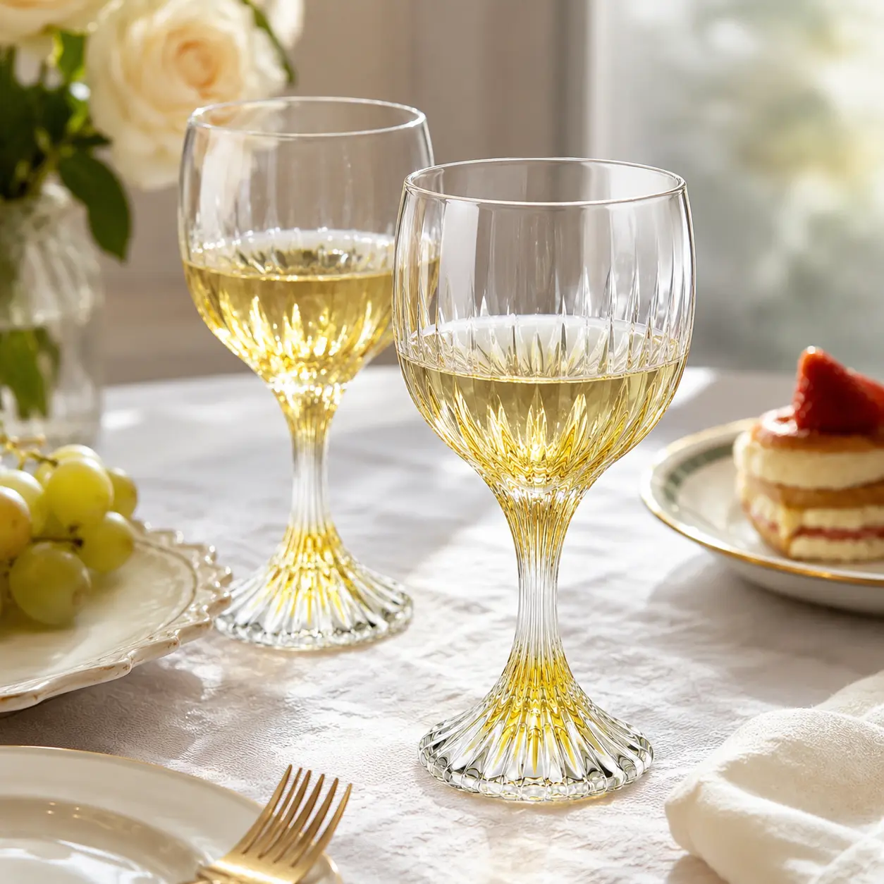 2pcs Luxury Striped Stemmed Hand-Blown Crystal Wine Glasses, Golden Clear Ribbed Stemmed Glasses, Reusable Glassware For Whiskey, Cocktail, Champagne, Gifts For Wine Tasting Birthday Anniversary Wedding, 10.2 Oz Drinkware
