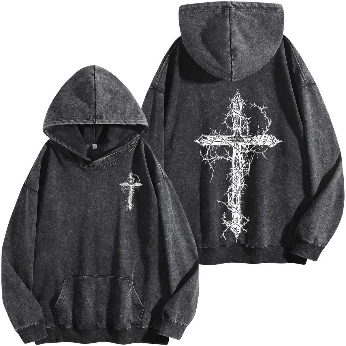 Thorn Cross Gothic Cross Washed Hoodie Biblical Cross Art Tee Jesus Tshirt , Cross Tee, Christian Apparel Streetwear Menswear Oversized Top Men and Women Bible Verse Church Outfit Gym Pump Cover