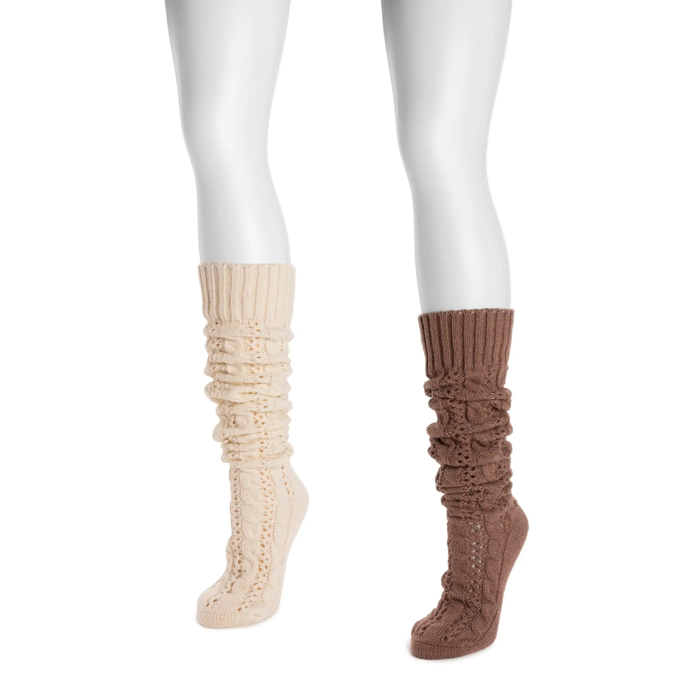Women's 2-Pair Acrylic Yarn Knit Ribbed Slouch Socks - Cable Knit, Slouch Cuffs, Knee-High/Mid-Calf, Minimalist Indoor/Outdoor Casual Wear, Two Pairs