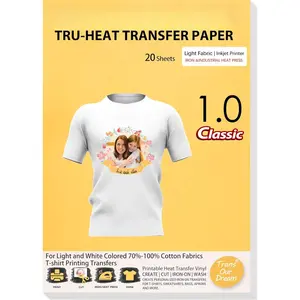 Heat Transfer Paper for T Shirts (20 Sheets, 8.5x11") Printable Heat Transfer Vinyl for Inkjet Printer Iron  Transfers for Light & White Fabrics (Trans-1)