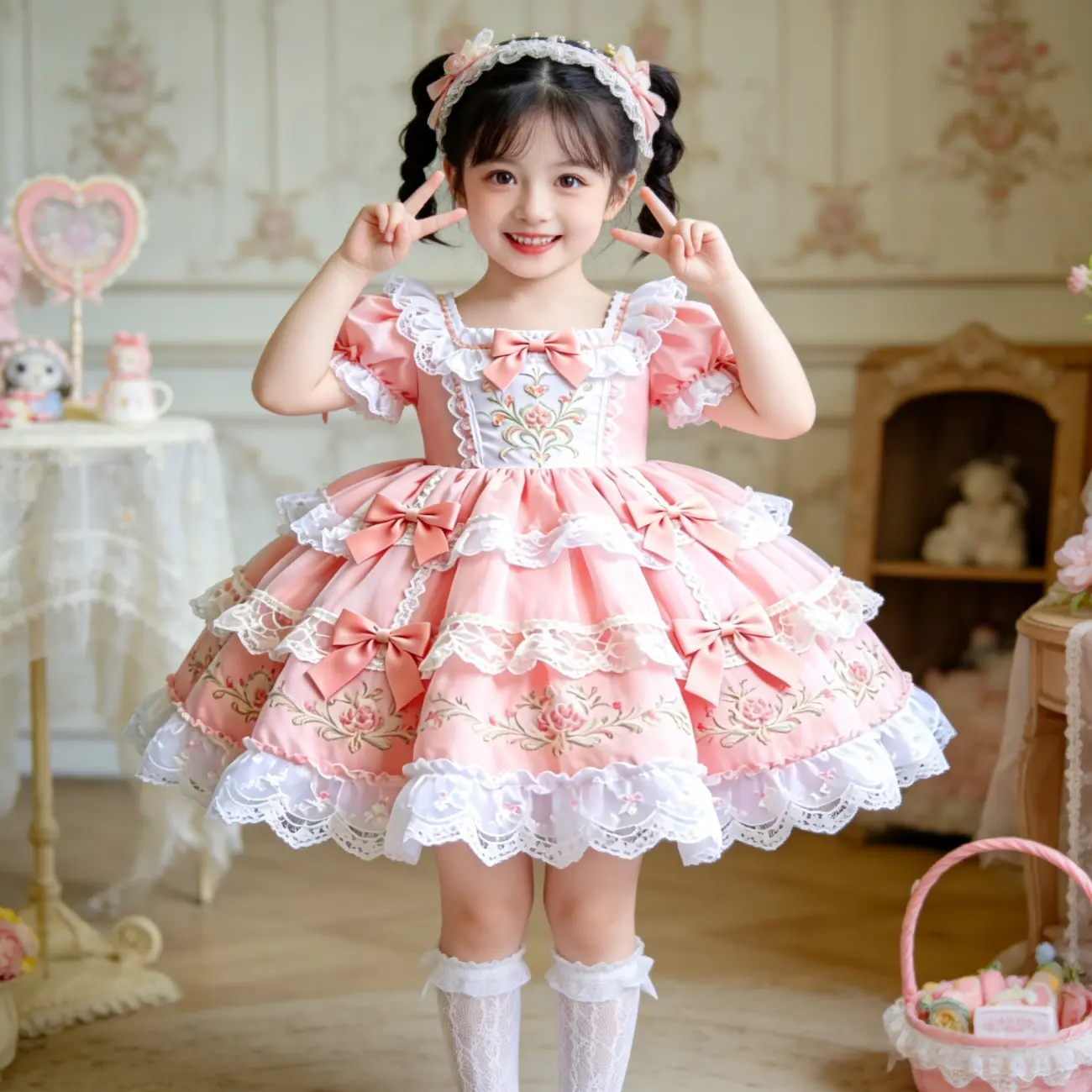 Girls’ pink floral embroidered princess dress, tiered lace ruffle party gown for toddlers
