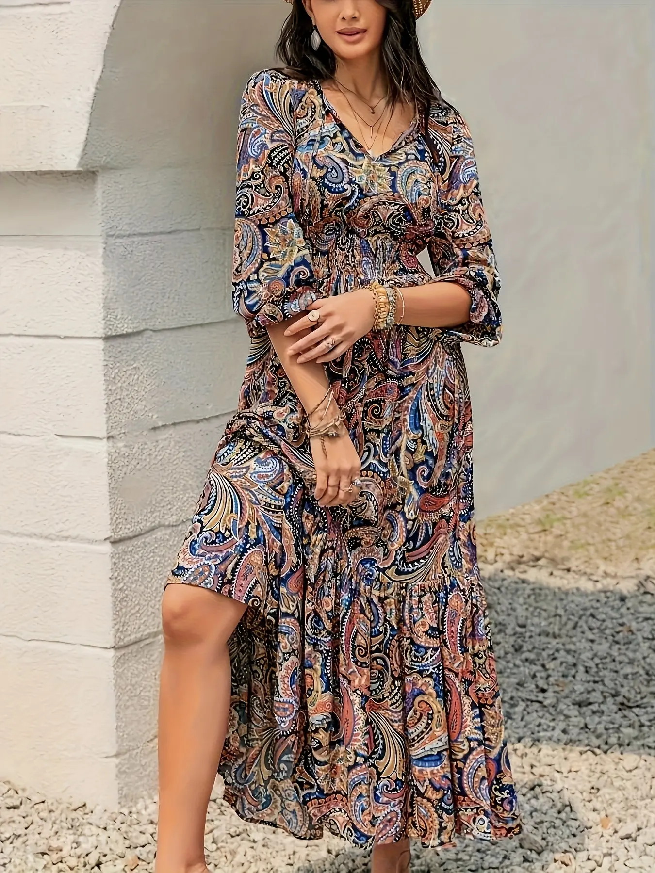 Boho Style Lotus Flower All Over Print Dress, Women's V Neck Waist Cinch Slimming Long Sleeve A-Line Vacation Dress, All Seasons Fashion