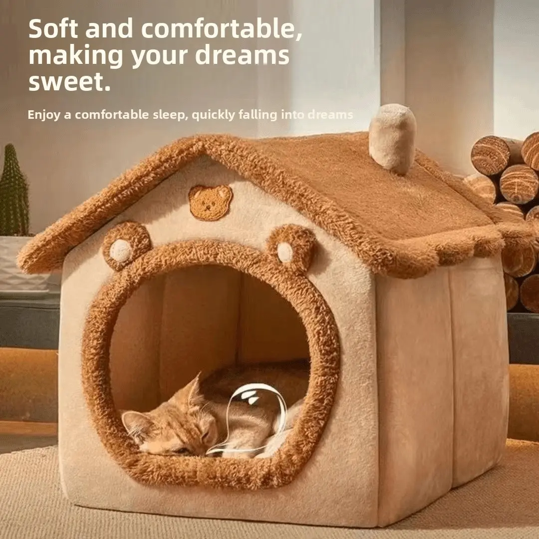 Four-Season Universal Dog Bed, Detachable Washable Small Enclosed Pet House, Warm Winter Cat Nest, Teddy Bear Style Pet Villa, Home, Apartment, Kitten