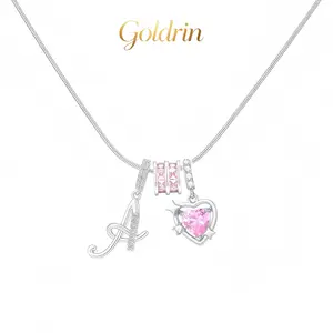 Silver Initial A Letter Necklace for Women, Dainty Pink Heart Cubic Zirconia Pendant, Adjustable Snake Chain Personalized Alphabet Charm Necklace, Y2K Aesthetic Jewelry Gift for Girls, Valentines Birthday Gifts Stainless Steel Layered Cross