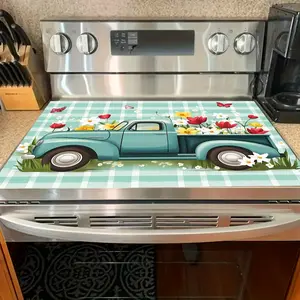 Teal Vintage Truck Floral 2D Flat Stove Top Cover, Heat Resistant Scratch Proof Stove Protector, Easy Clean Multi-Use Mat for Stoves, Oven, Washer Dryer, Spring Kitchen Decor#VintageTruck #FloralPrint #StoveProtector #HeatResistant #EasyClean #SpringDecor