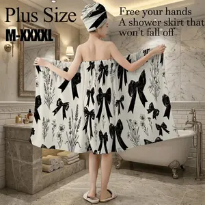 2 Pcs Black Bow Floral Bath Wrap Towel Set with Hair Wrap, Plus Size M-XXXXL, Non-Slip Absorbent Shower Skirt, Versatile for Spa, Beach & Daily Use, Perfect for Holiday Gifting
