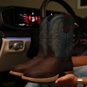 Dark Brown Leather Work Boots - Squared Toe