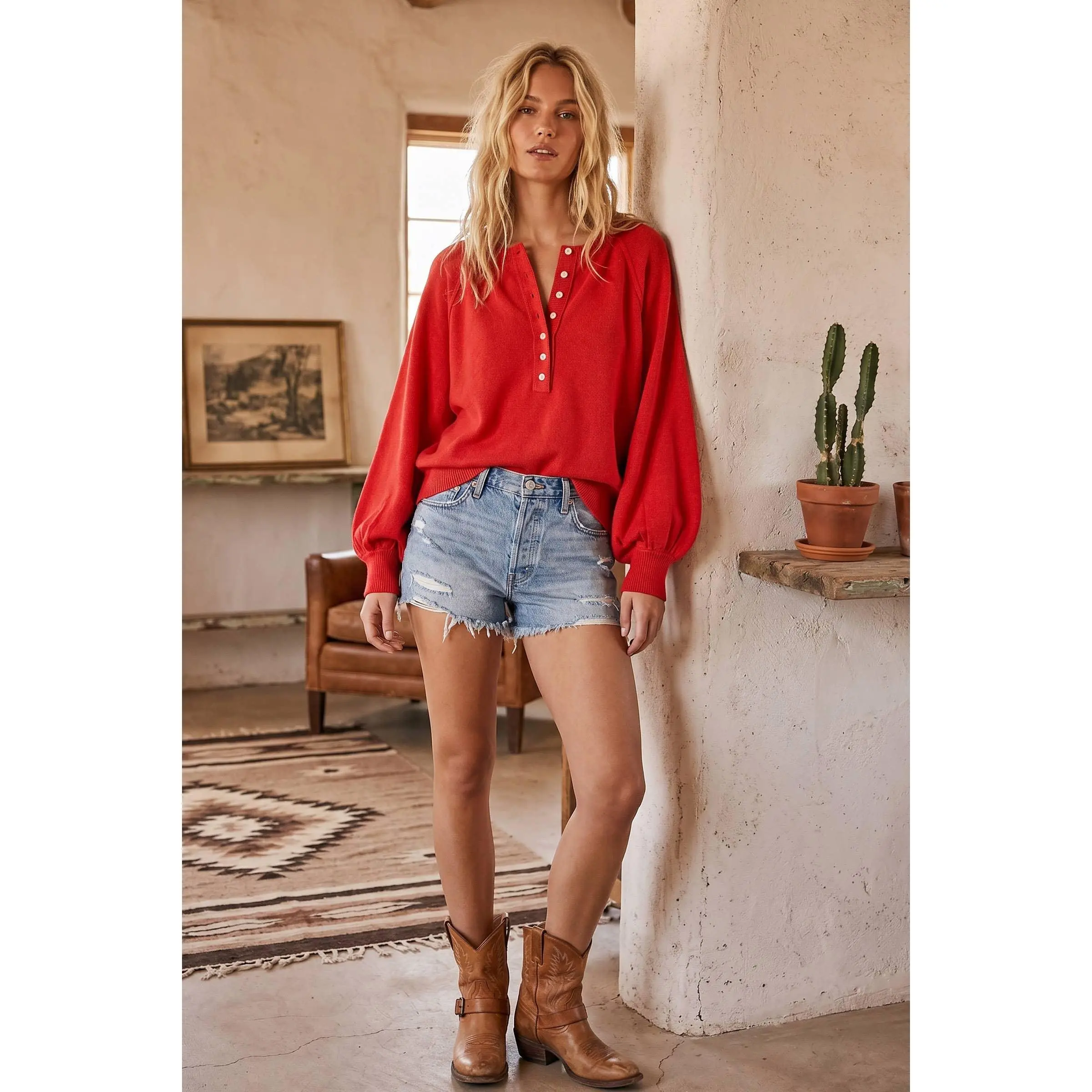 Henley Balloon Sleeve Sweater Top