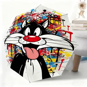 Cartoon cat graffiti background trendy printed waterproof folding umbrella, suitable for both men and women, portable and suitable for travel and daily use.