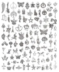 Wholesale Bulk Lots Jewelry Making Silver Charms Mixed Smooth Tibetan Silver Metal Charms Pendants DIY for Necklace Bracelet Jewelry Making and Crafting, 100 PCS