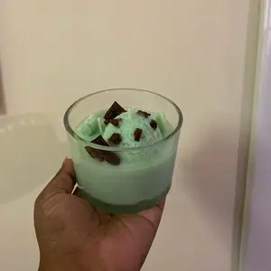 Mint Chocolate Chip Candle - Green Dessert with Chocolate Pieces in Glass Container